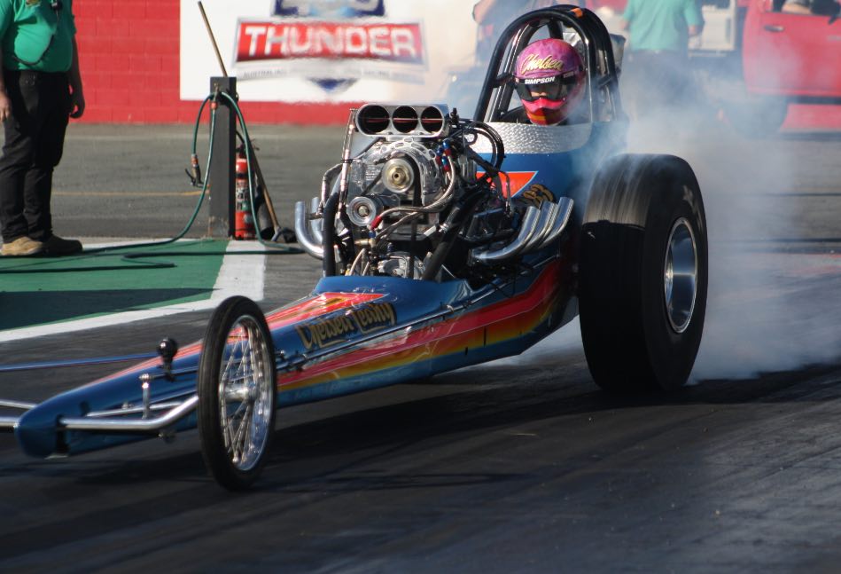 Front engine dragster burnout