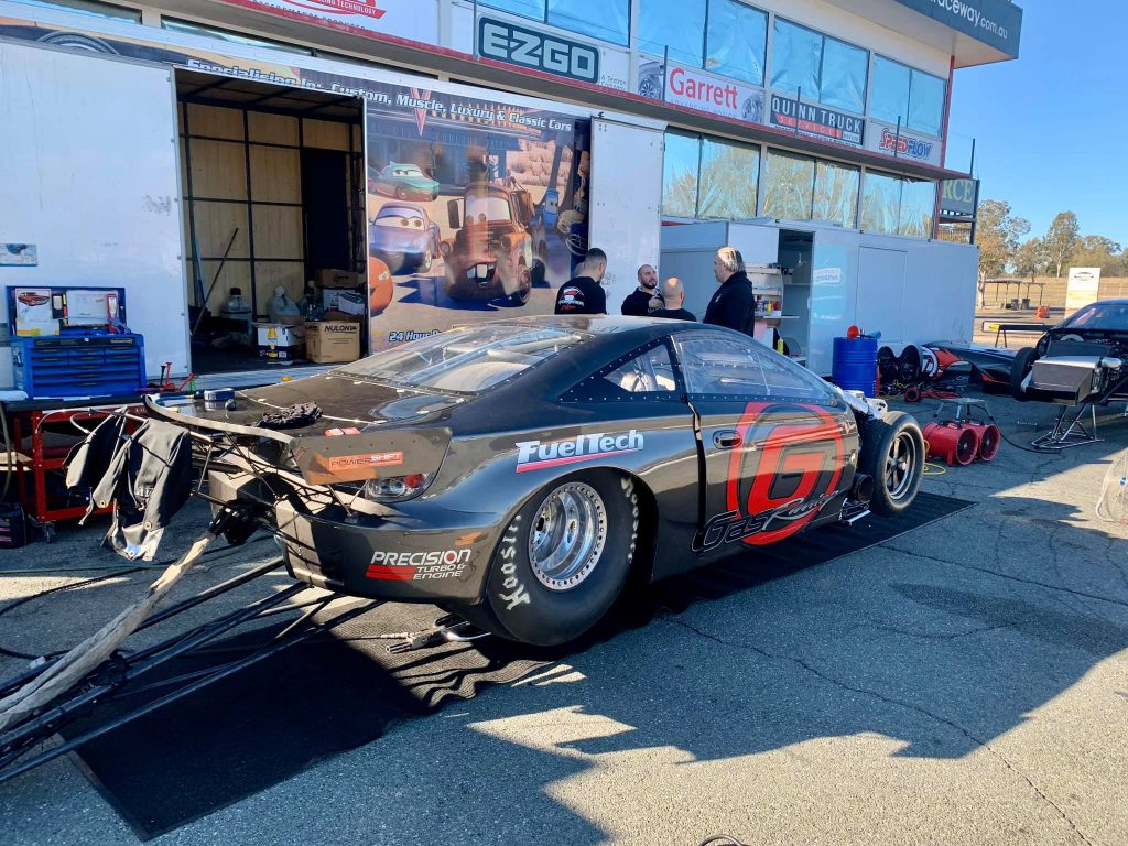 Gas drag racing team testing at Willowbank Raceway