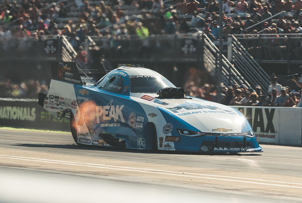 John Force at NHRA race, he will not be racing in 2020