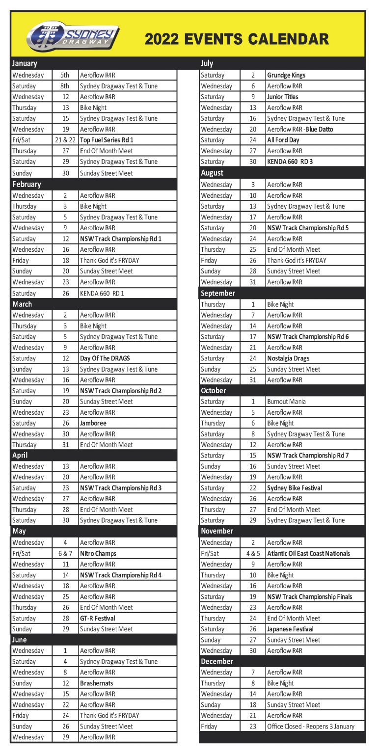 Sydney Dragway announce 2022 drag racing calendar - Drag News Magazine